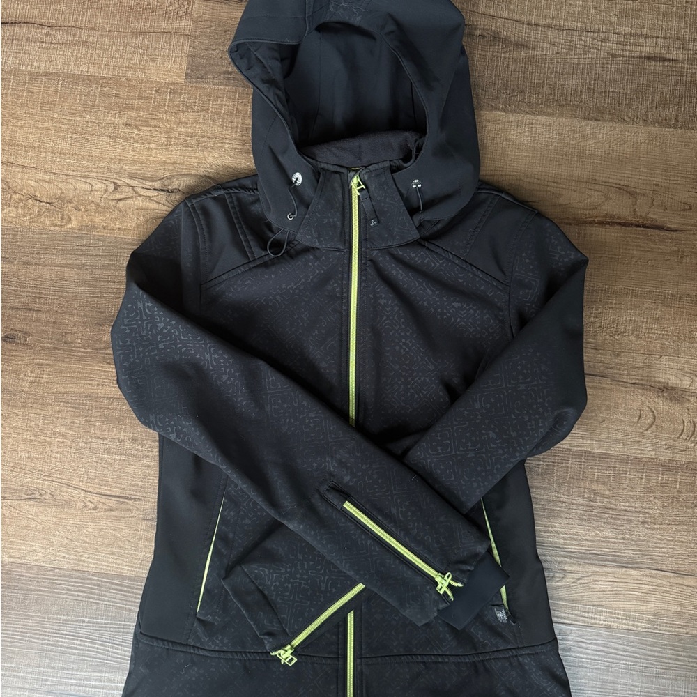 Prana Black HoodedJacket with Lime Zippers